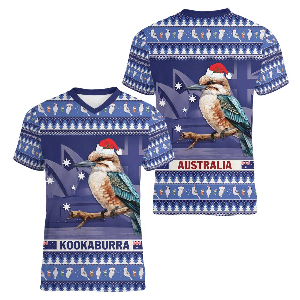 Aussie Kookaburra Women V-Neck T-Shirt Merry Christmas Blue Style