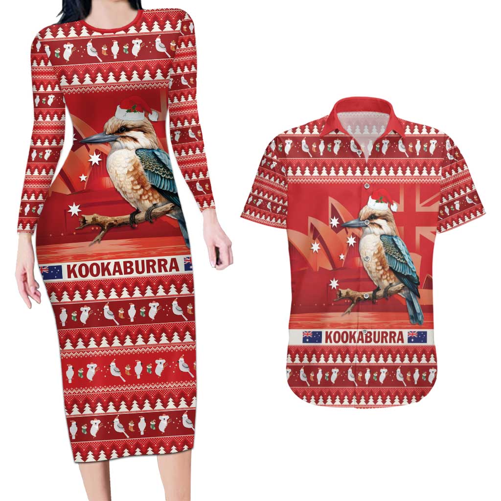 Aussie Kookaburra Couples Matching Long Sleeve Bodycon Dress and Hawaiian Shirt Merry Christmas Red Style