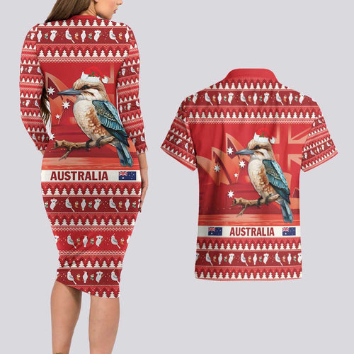 Aussie Kookaburra Couples Matching Long Sleeve Bodycon Dress and Hawaiian Shirt Merry Christmas Red Style