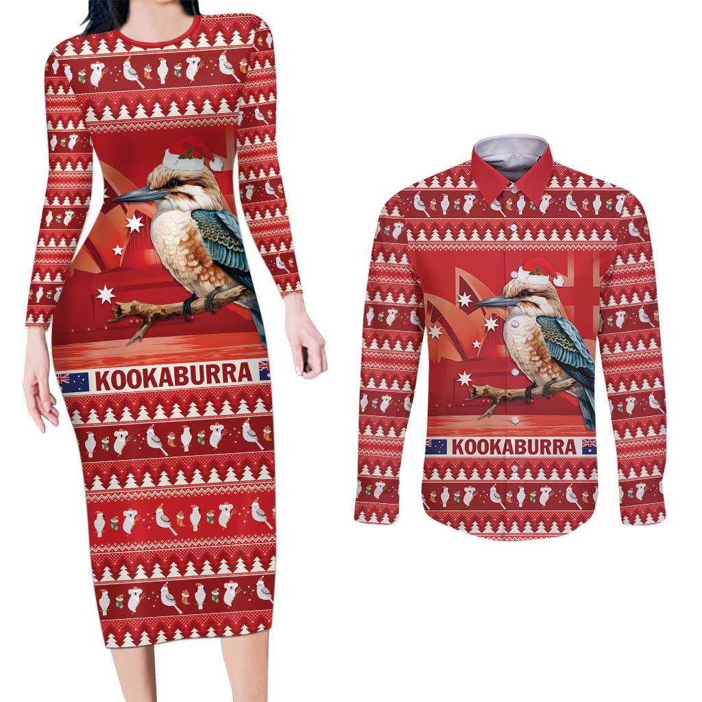 Aussie Kookaburra Couples Matching Long Sleeve Bodycon Dress and Long Sleeve Button Shirt Merry Christmas Red Style