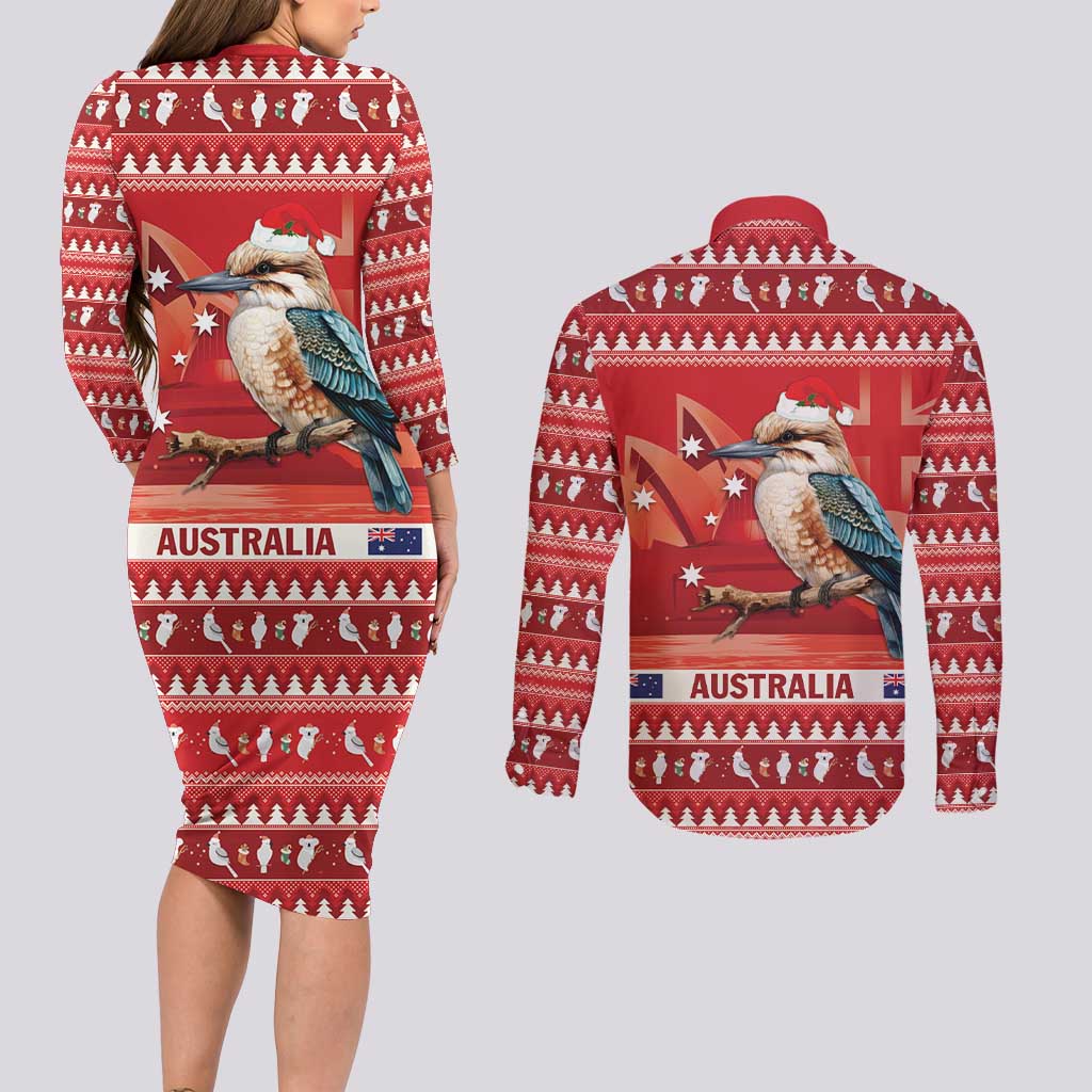 Aussie Kookaburra Couples Matching Long Sleeve Bodycon Dress and Long Sleeve Button Shirt Merry Christmas Red Style