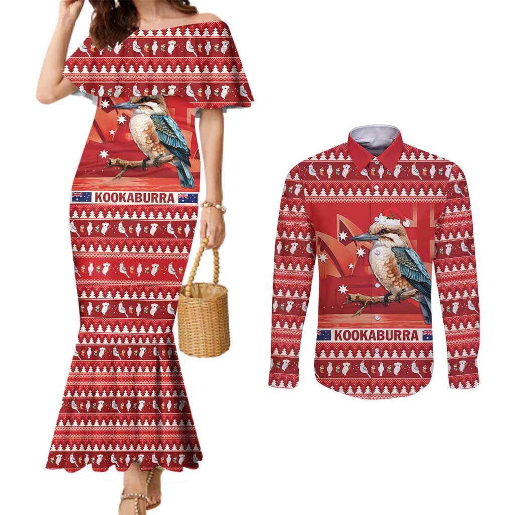 Aussie Kookaburra Couples Matching Mermaid Dress and Long Sleeve Button Shirt Merry Christmas Red Style