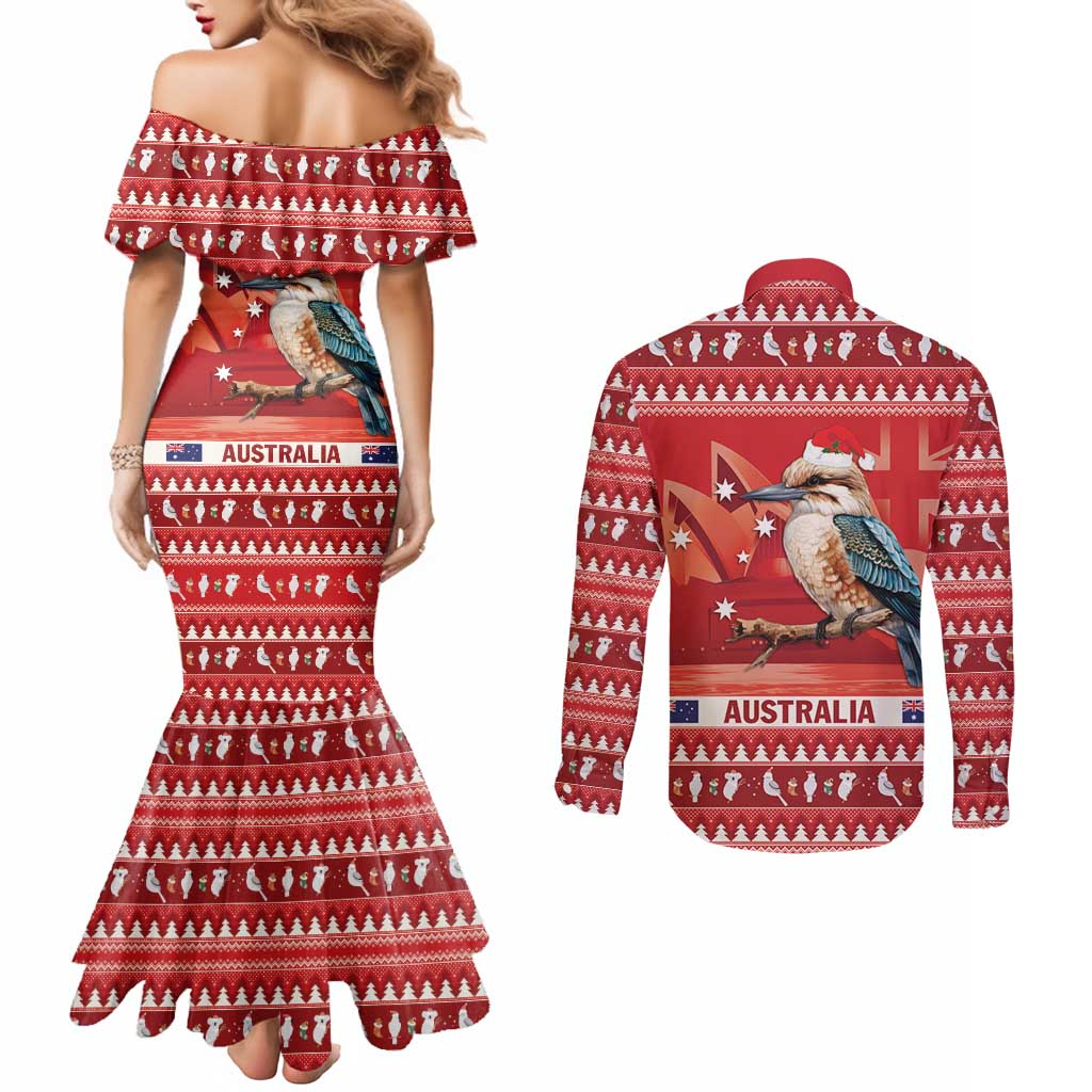 Aussie Kookaburra Couples Matching Mermaid Dress and Long Sleeve Button Shirt Merry Christmas Red Style