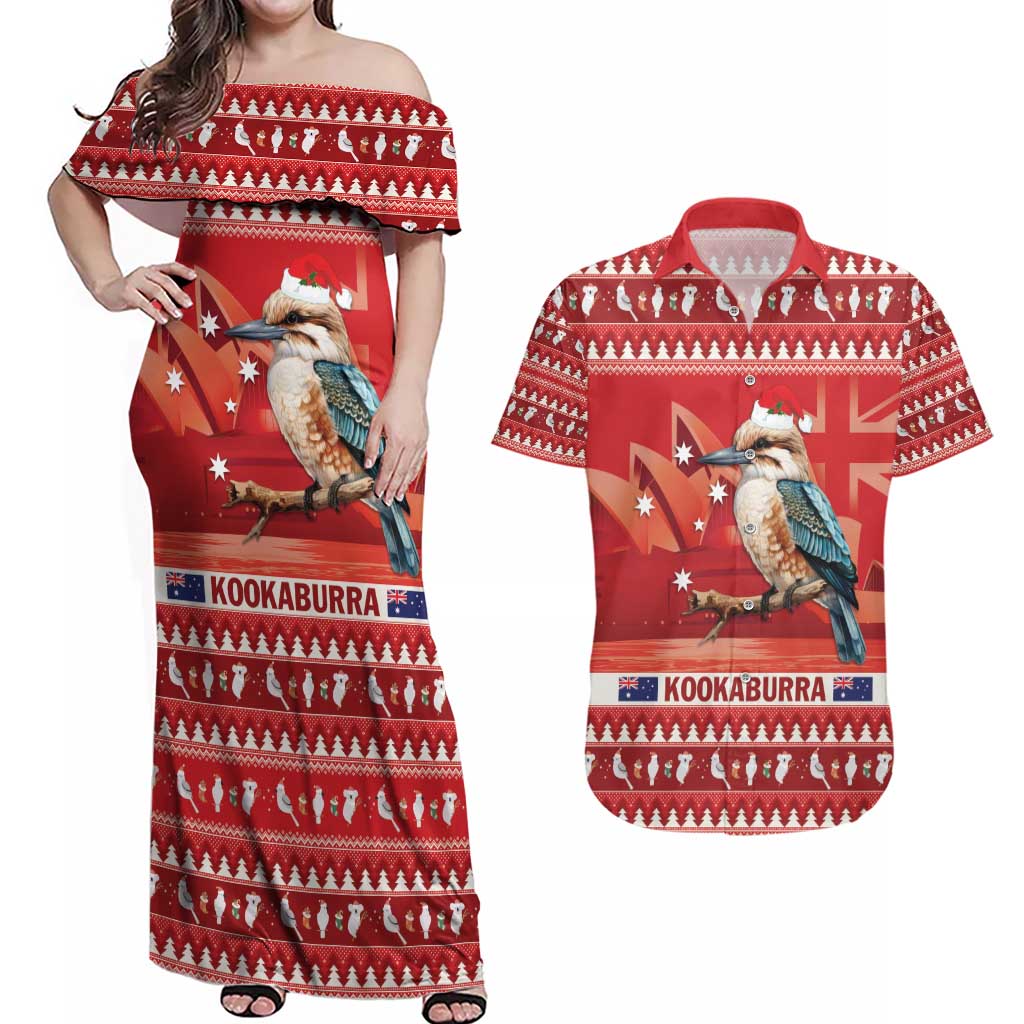Aussie Kookaburra Couples Matching Off Shoulder Maxi Dress and Hawaiian Shirt Merry Christmas Red Style