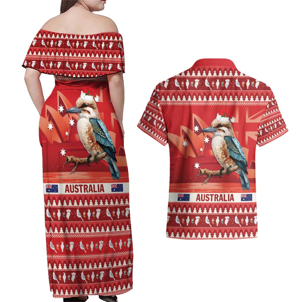 Aussie Kookaburra Couples Matching Off Shoulder Maxi Dress and Hawaiian Shirt Merry Christmas Red Style