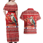Aussie Kookaburra Couples Matching Off Shoulder Maxi Dress and Hawaiian Shirt Merry Christmas Red Style