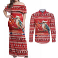 Aussie Kookaburra Couples Matching Off Shoulder Maxi Dress and Long Sleeve Button Shirt Merry Christmas Red Style
