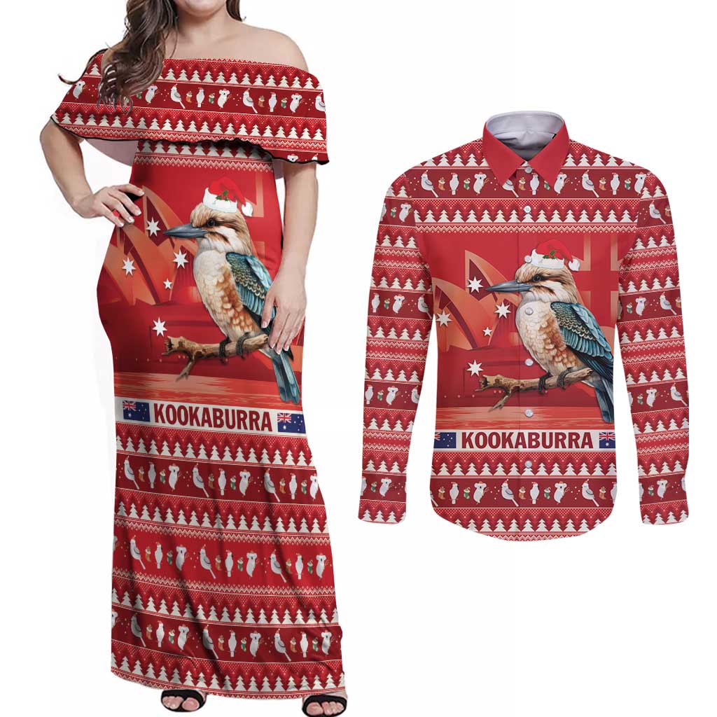 Aussie Kookaburra Couples Matching Off Shoulder Maxi Dress and Long Sleeve Button Shirt Merry Christmas Red Style