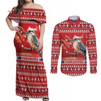 Aussie Kookaburra Couples Matching Off Shoulder Maxi Dress and Long Sleeve Button Shirt Merry Christmas Red Style