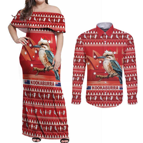 Aussie Kookaburra Couples Matching Off Shoulder Maxi Dress and Long Sleeve Button Shirt Merry Christmas Red Style