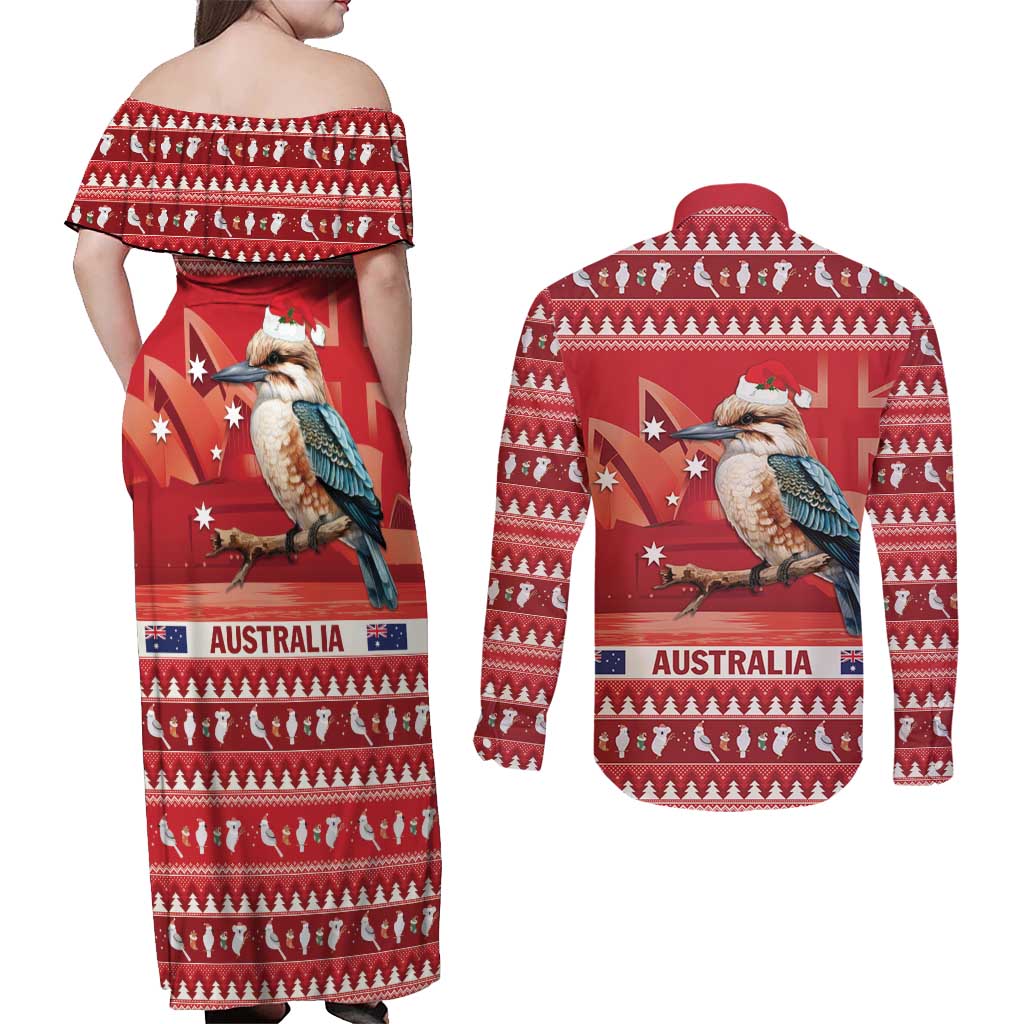 Aussie Kookaburra Couples Matching Off Shoulder Maxi Dress and Long Sleeve Button Shirt Merry Christmas Red Style