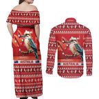 Aussie Kookaburra Couples Matching Off Shoulder Maxi Dress and Long Sleeve Button Shirt Merry Christmas Red Style