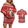 Aussie Kookaburra Couples Matching Off Shoulder Short Dress and Hawaiian Shirt Merry Christmas Red Style