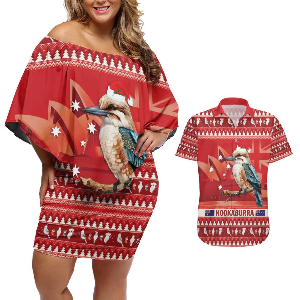 Aussie Kookaburra Couples Matching Off Shoulder Short Dress and Hawaiian Shirt Merry Christmas Red Style