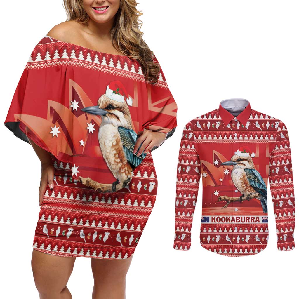 Aussie Kookaburra Couples Matching Off Shoulder Short Dress and Long Sleeve Button Shirt Merry Christmas Red Style