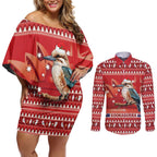 Aussie Kookaburra Couples Matching Off Shoulder Short Dress and Long Sleeve Button Shirt Merry Christmas Red Style