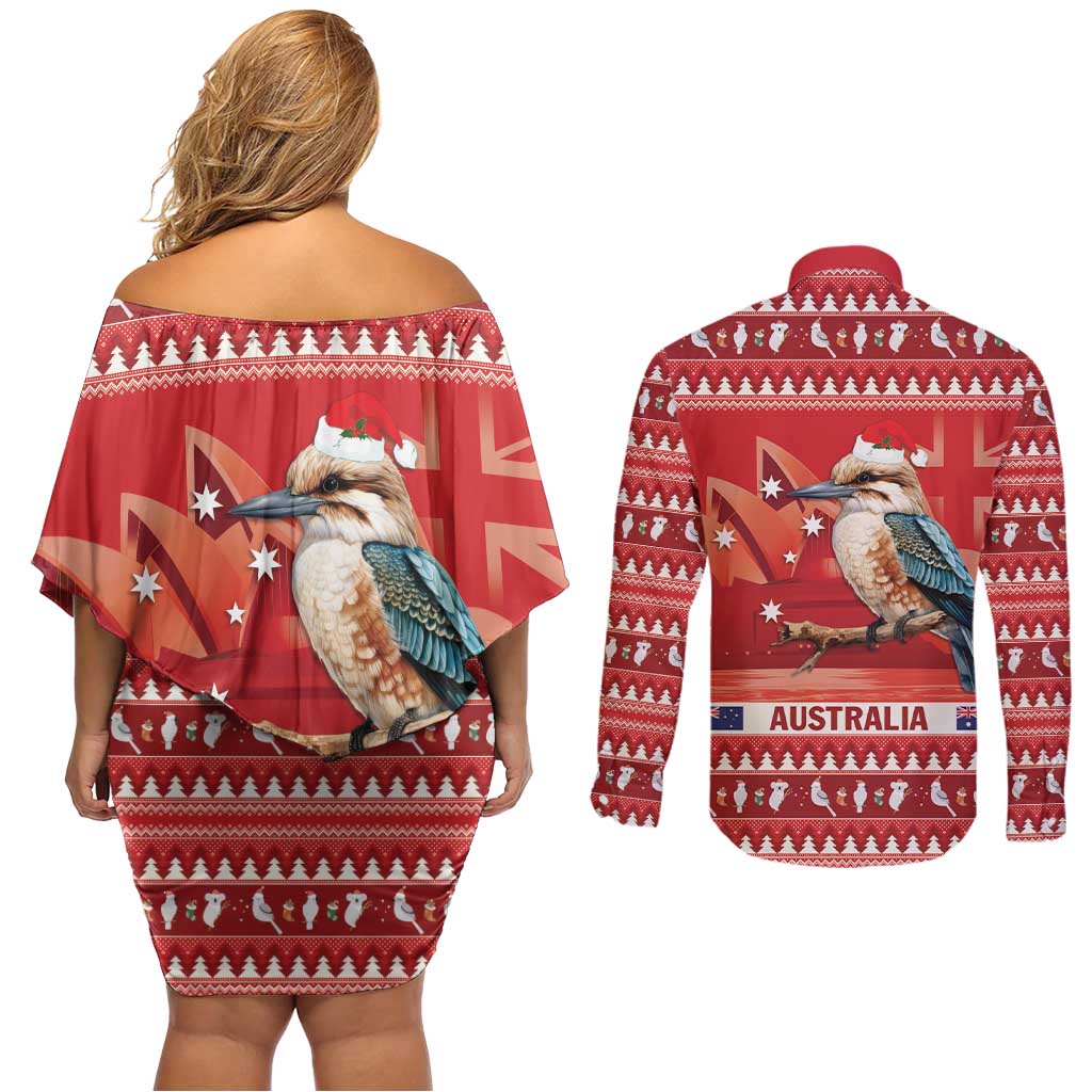 Aussie Kookaburra Couples Matching Off Shoulder Short Dress and Long Sleeve Button Shirt Merry Christmas Red Style