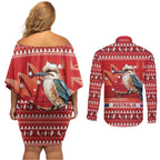 Aussie Kookaburra Couples Matching Off Shoulder Short Dress and Long Sleeve Button Shirt Merry Christmas Red Style