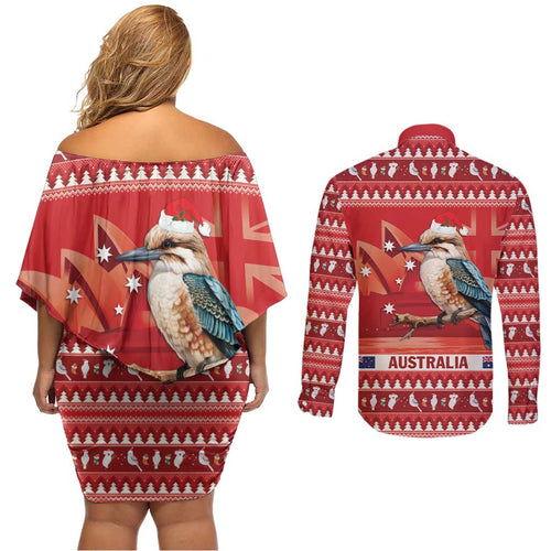 Aussie Kookaburra Couples Matching Off Shoulder Short Dress and Long Sleeve Button Shirt Merry Christmas Red Style
