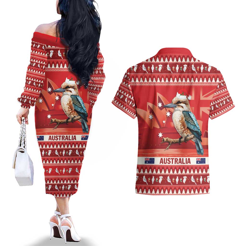 Aussie Kookaburra Couples Matching Off The Shoulder Long Sleeve Dress and Hawaiian Shirt Merry Christmas Red Style