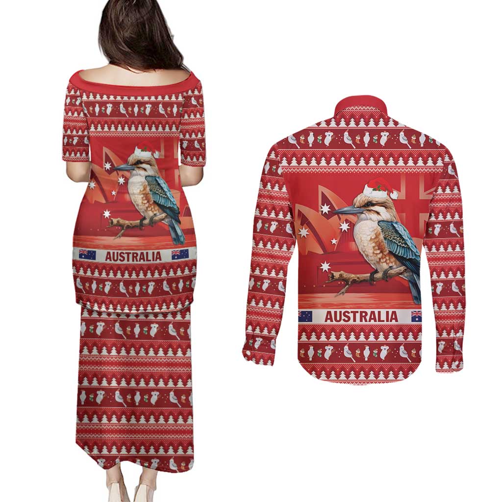 Aussie Kookaburra Couples Matching Puletasi and Long Sleeve Button Shirt Merry Christmas Red Style