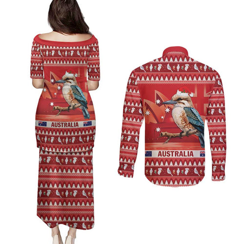Aussie Kookaburra Couples Matching Puletasi and Long Sleeve Button Shirt Merry Christmas Red Style