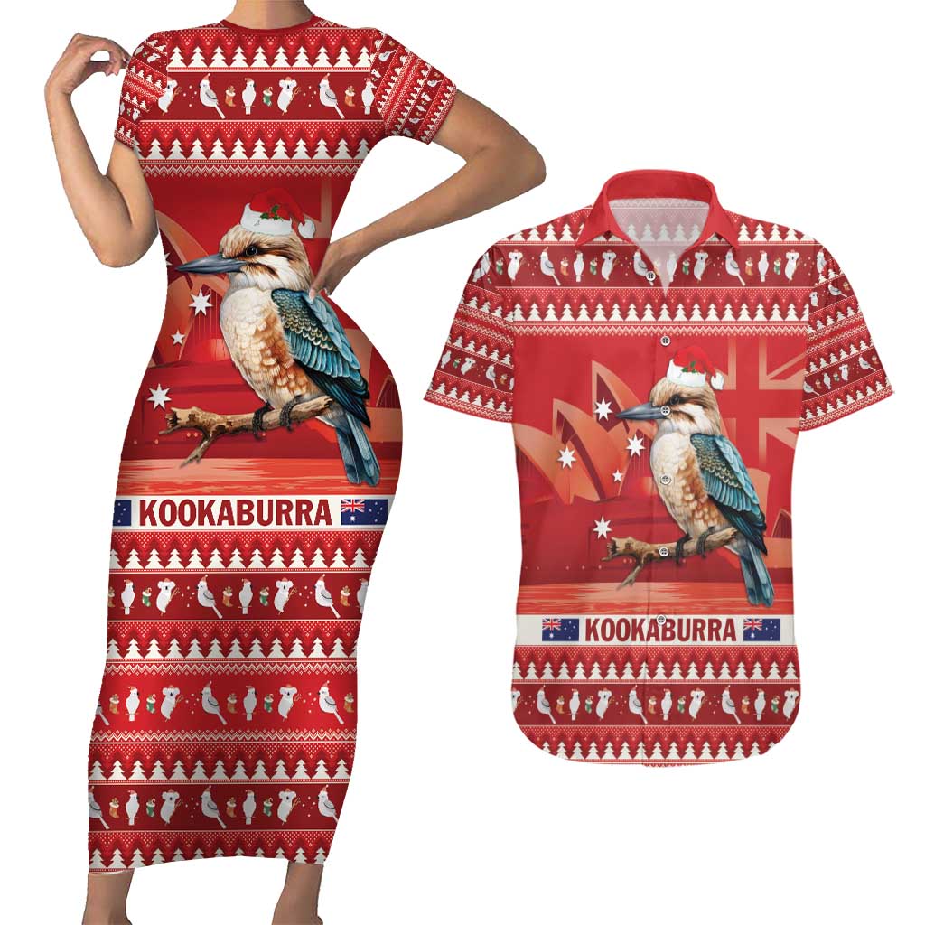 Aussie Kookaburra Couples Matching Short Sleeve Bodycon Dress and Hawaiian Shirt Merry Christmas Red Style