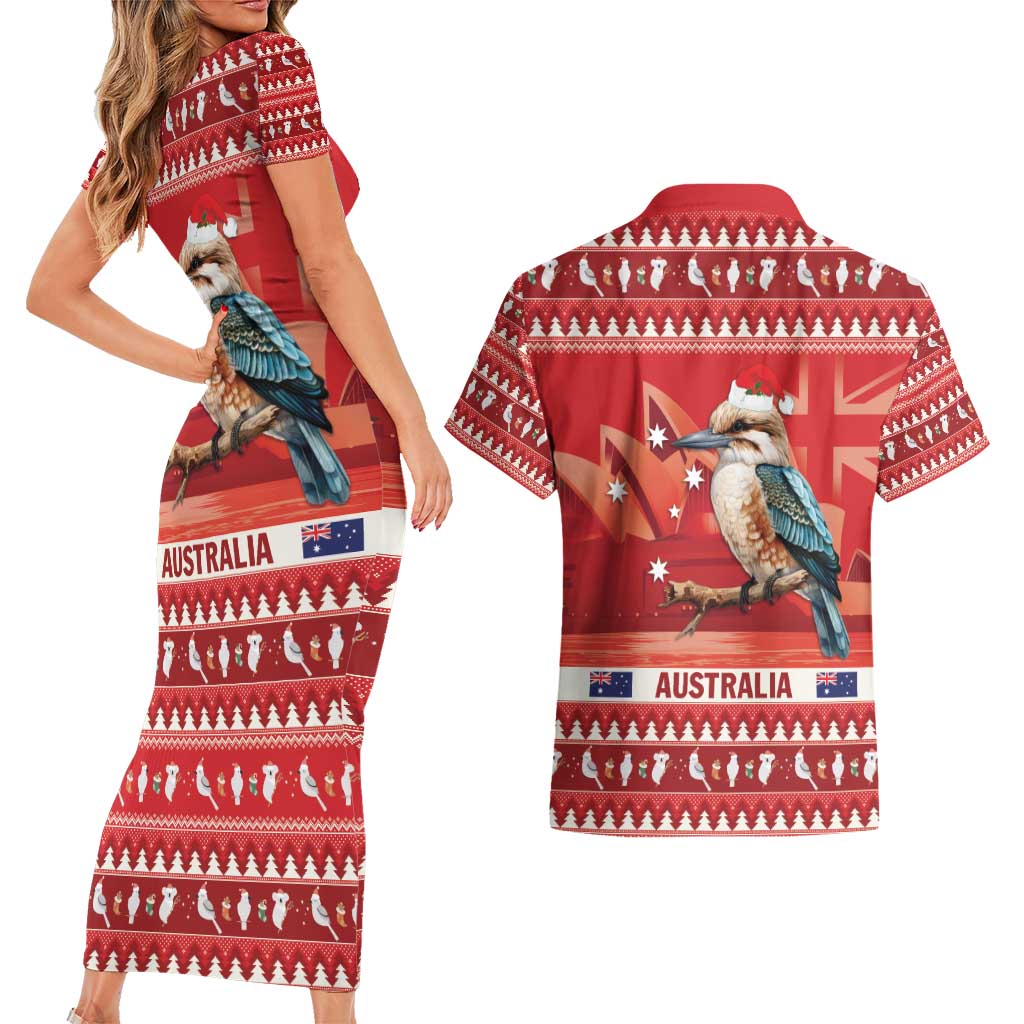 Aussie Kookaburra Couples Matching Short Sleeve Bodycon Dress and Hawaiian Shirt Merry Christmas Red Style