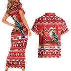 Aussie Kookaburra Couples Matching Short Sleeve Bodycon Dress and Hawaiian Shirt Merry Christmas Red Style