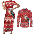 Aussie Kookaburra Couples Matching Short Sleeve Bodycon Dress and Long Sleeve Button Shirt Merry Christmas Red Style