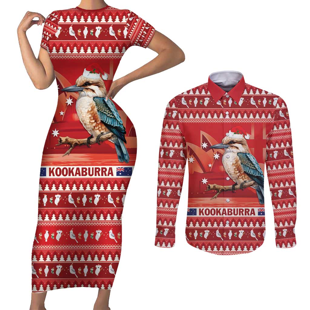 Aussie Kookaburra Couples Matching Short Sleeve Bodycon Dress and Long Sleeve Button Shirt Merry Christmas Red Style