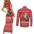 Aussie Kookaburra Couples Matching Short Sleeve Bodycon Dress and Long Sleeve Button Shirt Merry Christmas Red Style
