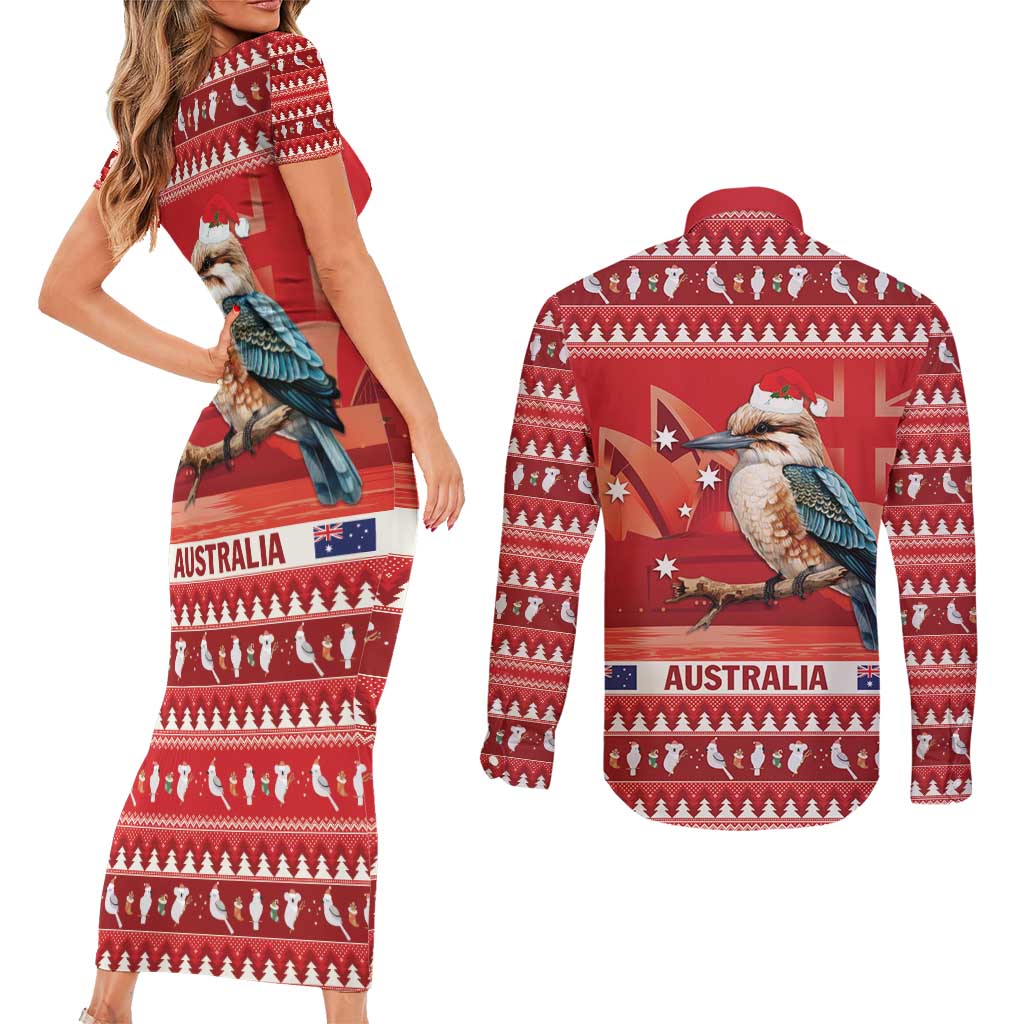 Aussie Kookaburra Couples Matching Short Sleeve Bodycon Dress and Long Sleeve Button Shirt Merry Christmas Red Style