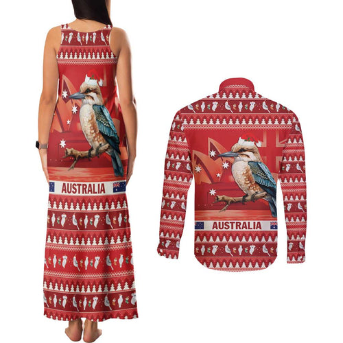 Aussie Kookaburra Couples Matching Tank Maxi Dress and Long Sleeve Button Shirt Merry Christmas Red Style