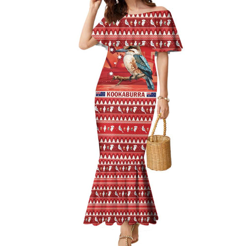 Aussie Kookaburra Family Matching Mermaid Dress and Hawaiian Shirt Merry Christmas Red Style