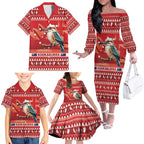 Aussie Kookaburra Family Matching Off The Shoulder Long Sleeve Dress and Hawaiian Shirt Merry Christmas Red Style