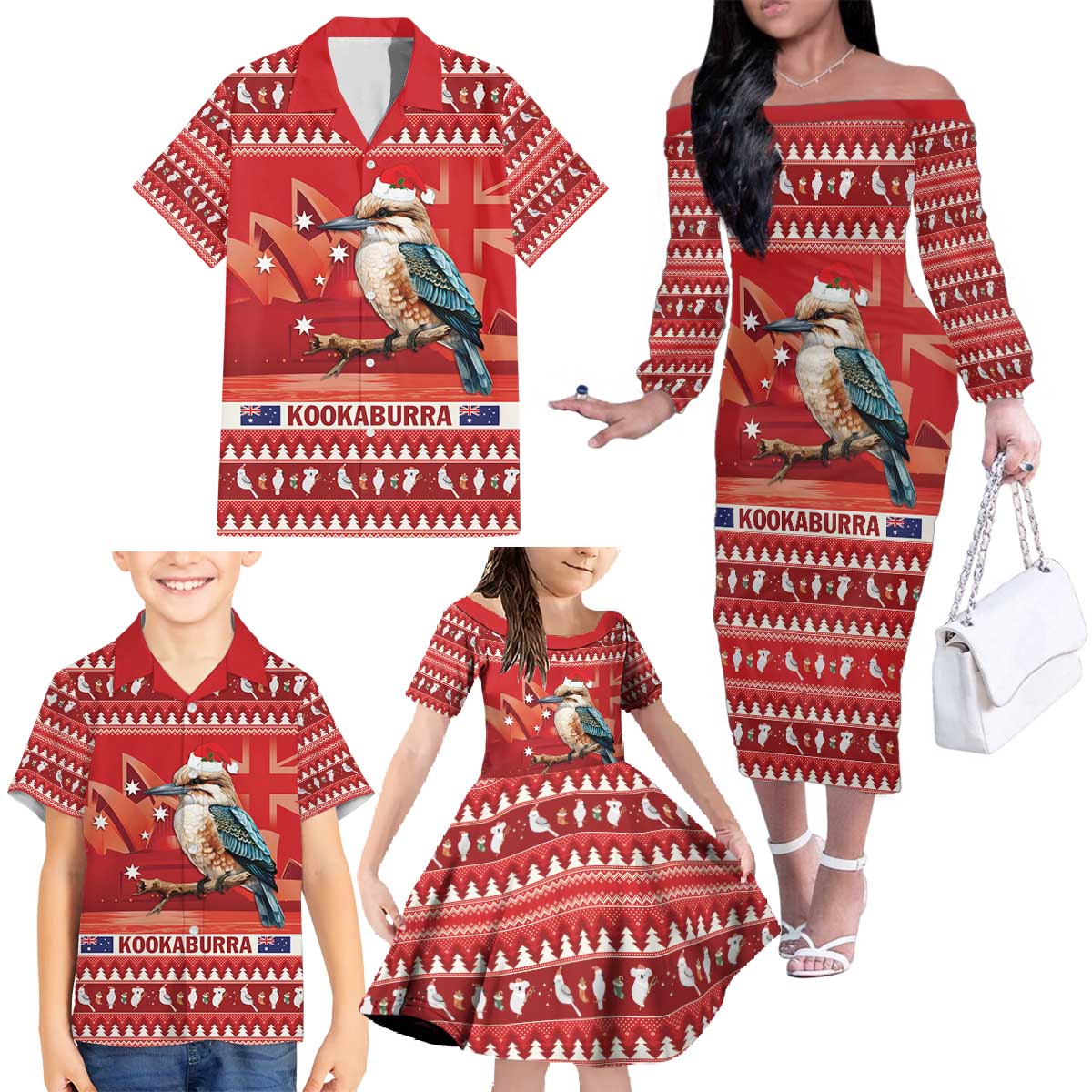 Aussie Kookaburra Family Matching Off The Shoulder Long Sleeve Dress and Hawaiian Shirt Merry Christmas Red Style