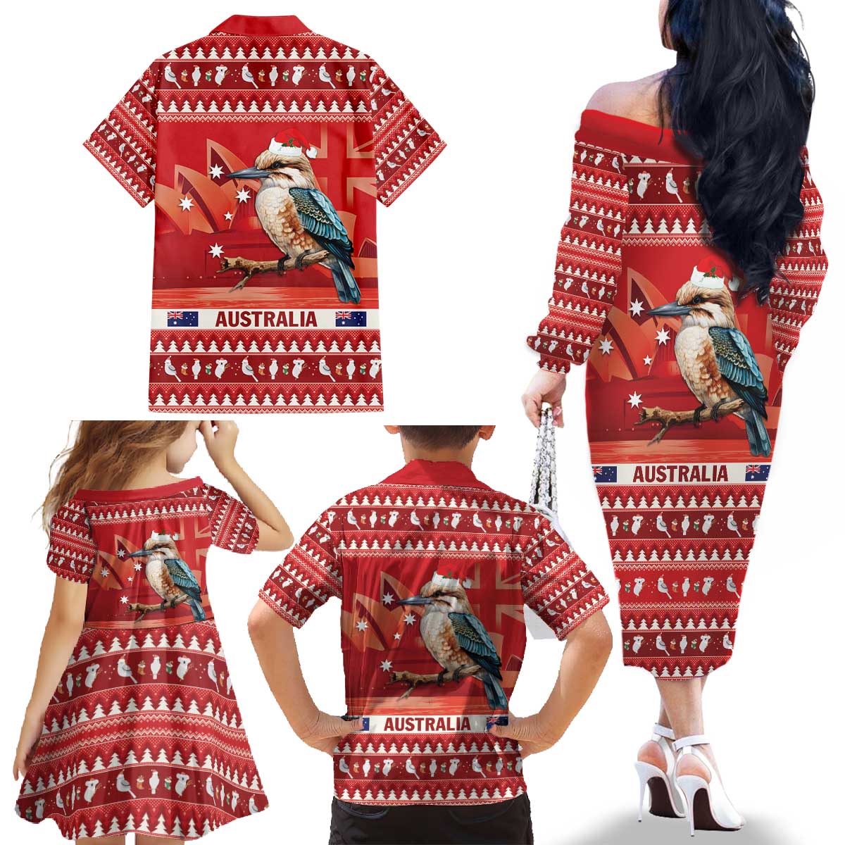 Aussie Kookaburra Family Matching Off The Shoulder Long Sleeve Dress and Hawaiian Shirt Merry Christmas Red Style
