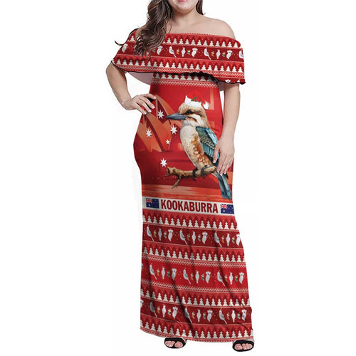 Aussie Kookaburra Family Matching Off Shoulder Maxi Dress and Hawaiian Shirt Merry Christmas Red Style