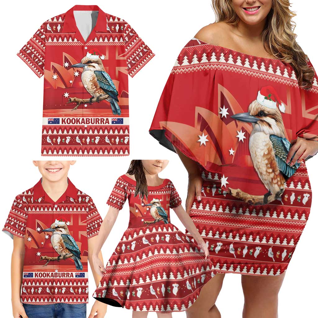 Aussie Kookaburra Family Matching Off Shoulder Short Dress and Hawaiian Shirt Merry Christmas Red Style