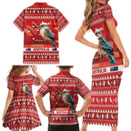 Aussie Kookaburra Family Matching Short Sleeve Bodycon Dress and Hawaiian Shirt Merry Christmas Red Style