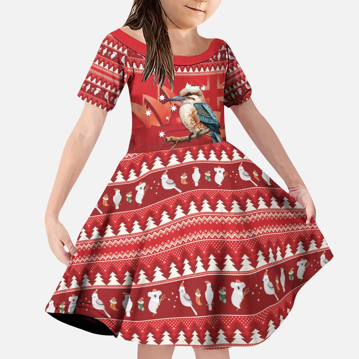 Aussie Kookaburra Kid Short Sleeve Dress Merry Christmas Red Style