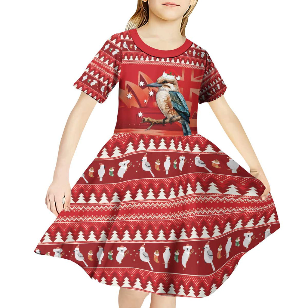 Aussie Kookaburra Kid Short Sleeve Dress Merry Christmas Red Style