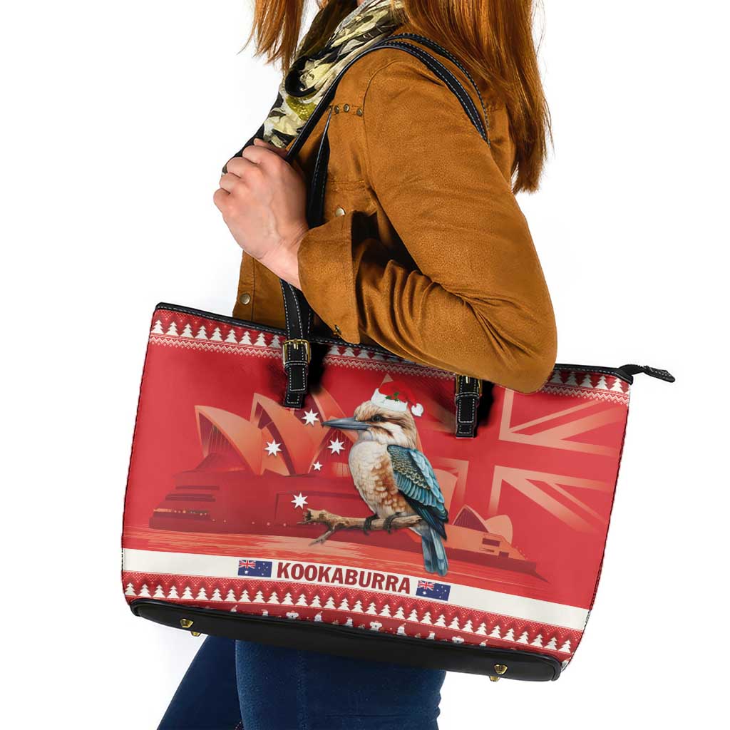 Aussie Kookaburra Leather Tote Bag Merry Christmas Red Style
