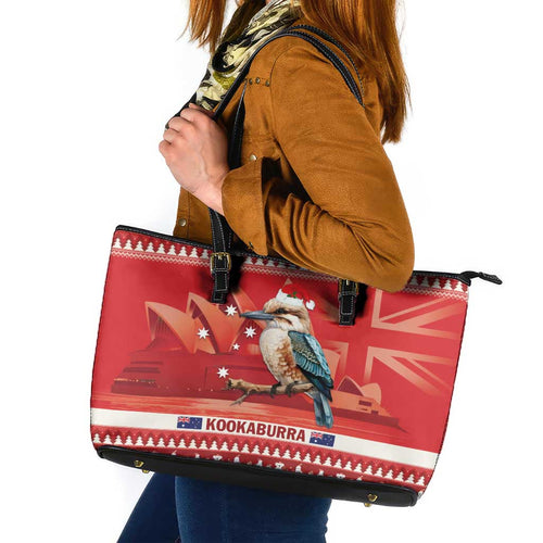 Aussie Kookaburra Leather Tote Bag Merry Christmas Red Style