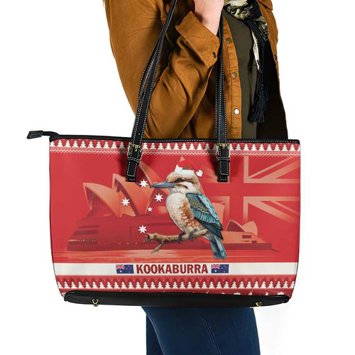 Aussie Kookaburra Leather Tote Bag Merry Christmas Red Style