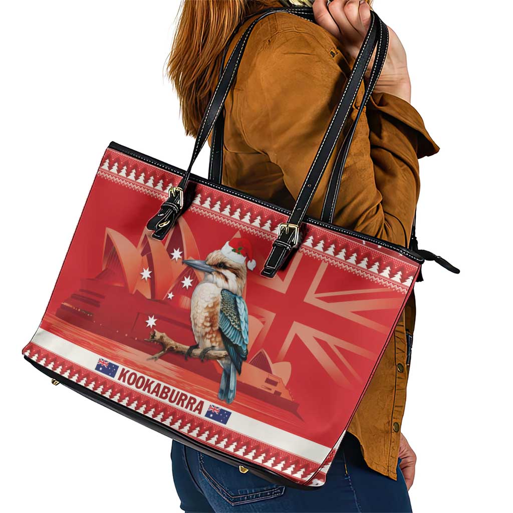 Aussie Kookaburra Leather Tote Bag Merry Christmas Red Style