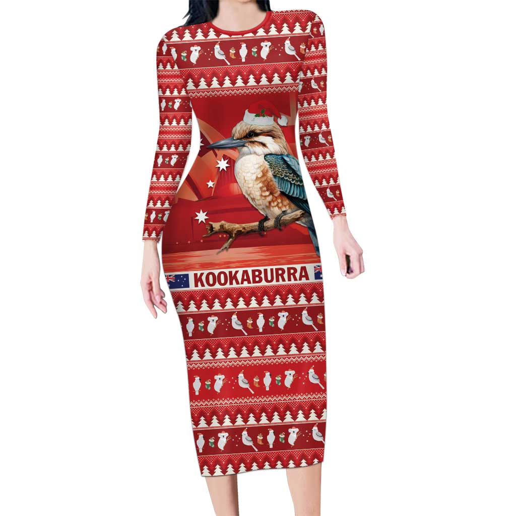 Aussie Kookaburra Long Sleeve Bodycon Dress Merry Christmas Red Style