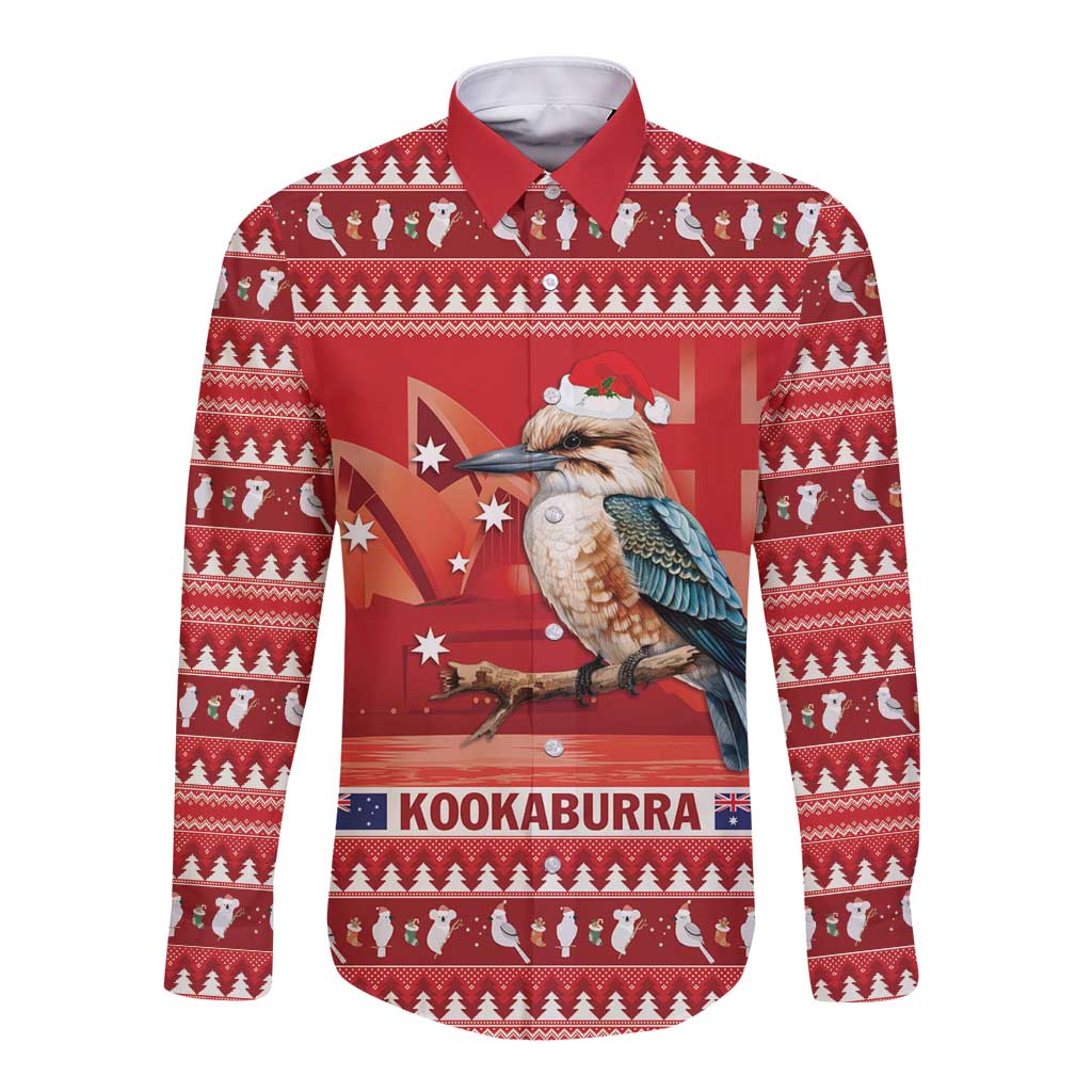 Aussie Kookaburra Long Sleeve Button Shirt Merry Christmas Red Style