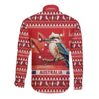 Aussie Kookaburra Long Sleeve Button Shirt Merry Christmas Red Style